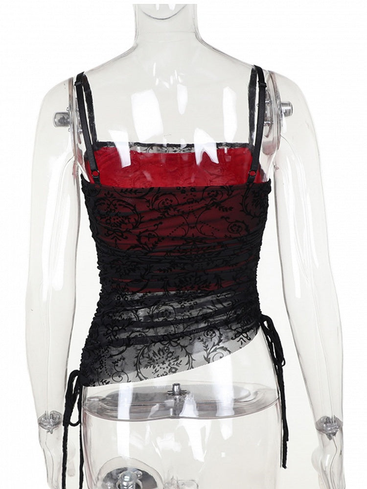 Underlay Top Black with Embroidered Cami Gothic Halloween Lace Red