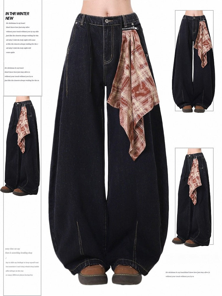 Scarf with Zippered Jeans Black Plaid Side Accent Wide-Leg
