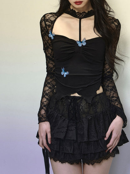 Black Butterflies Adorned Cutout Detail Halter Neck Top with Asymmetrical  Hem