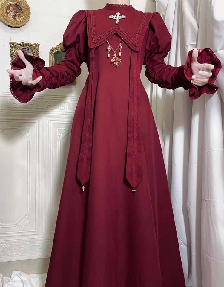 Wein Nonne Outfits Halloween Kleid Ärmel Kreuz Lolita Sammeln Stickerei Rot Juliette