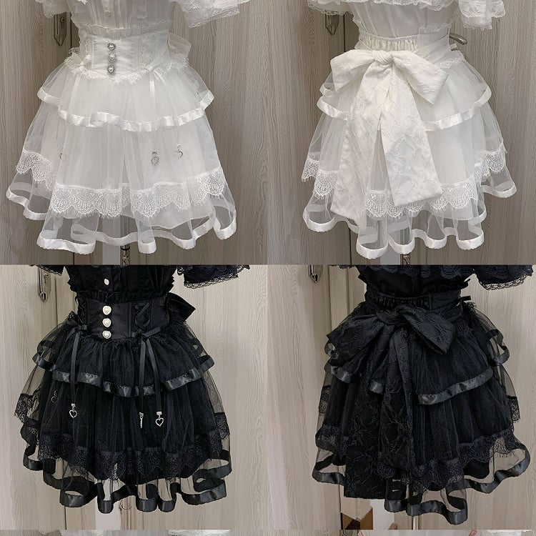 Gestufte Schleife Jirai Kei Schwarz/Weiß Mesh Balletcore Taille Selbst-krawatte Zurück Stäbchen Rock Hohe