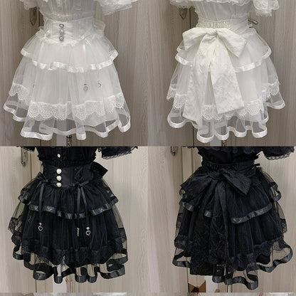 Gestufte Schleife Jirai Kei Schwarz/Weiß Mesh Balletcore Taille Selbst-krawatte Zurück Stäbchen Rock Hohe