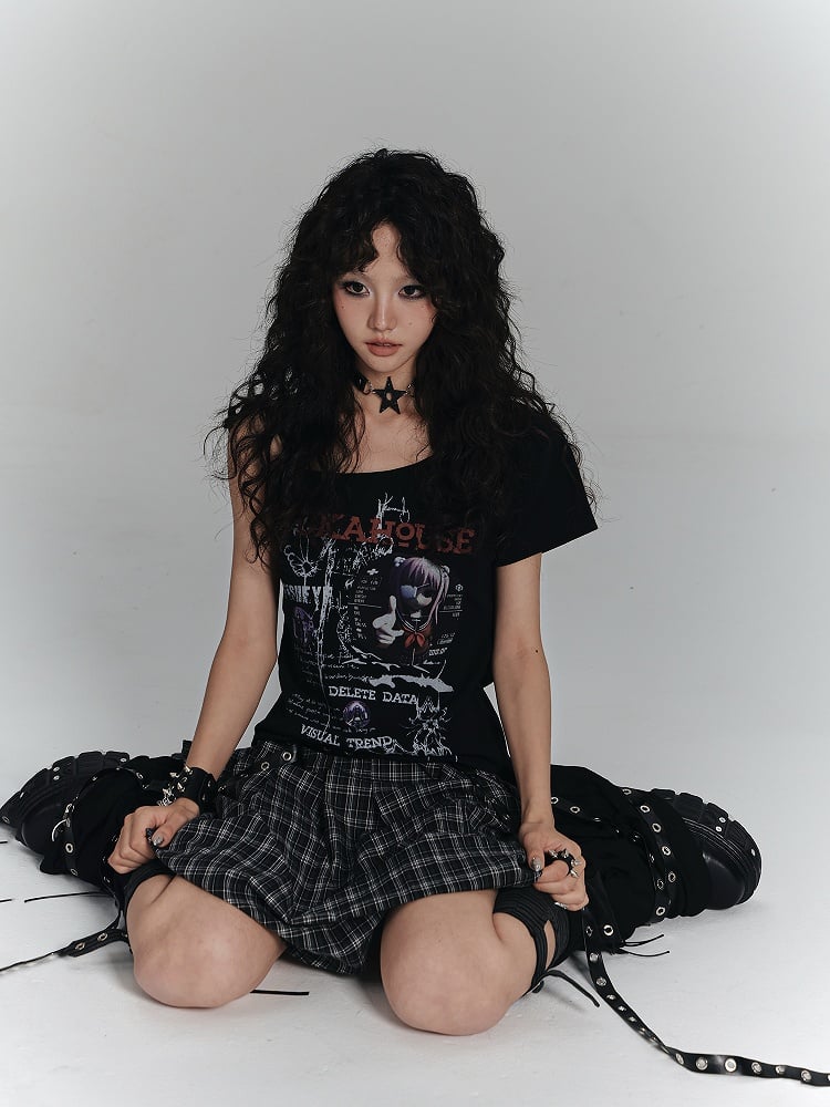 T-shirt Punk avec imprimé à nouer, asymétrique, noir, motif anime