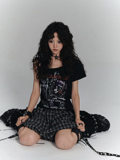 T-shirt Punk avec imprimé à nouer, asymétrique, noir, motif anime