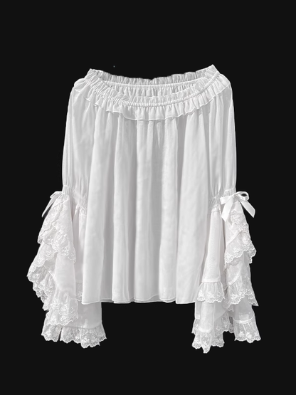 White Elastic Layered Lace Cuffs Bell Sleeves Blouse Neckline