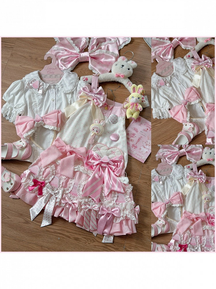 Polka Dot Bow Low-Waist JSK in Pink and White with Adjustable Straps - sedef