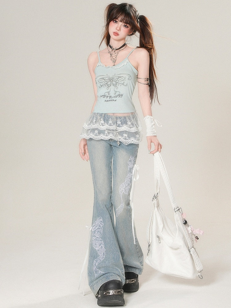 Bowknot Silhouette Flare Embroidered Lace Glamorous Jeans Blue