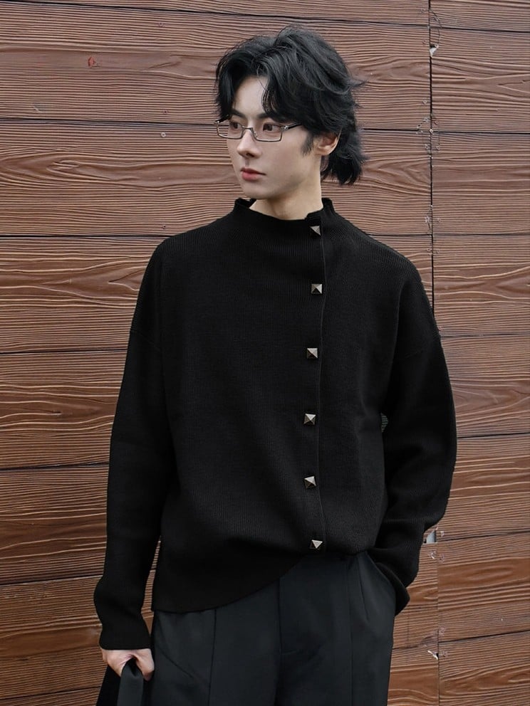 Unisex Chinese Cardigan Knit Black Traditional Front Button Style - Design