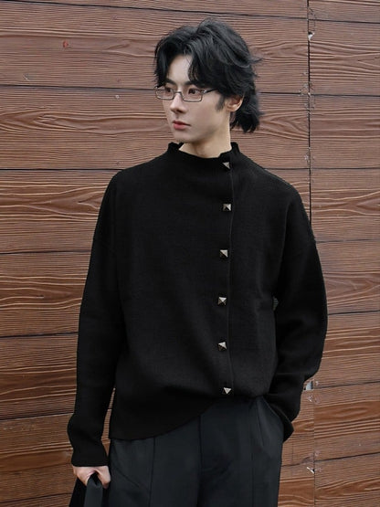 Unisex Chinese Cardigan Knit Black Traditional Front Button Style - Design