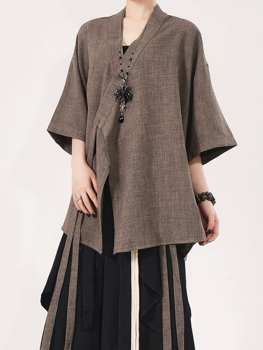 Sleeves in Short with Wide-cuff Chestnut Top Crossover-neck Brown