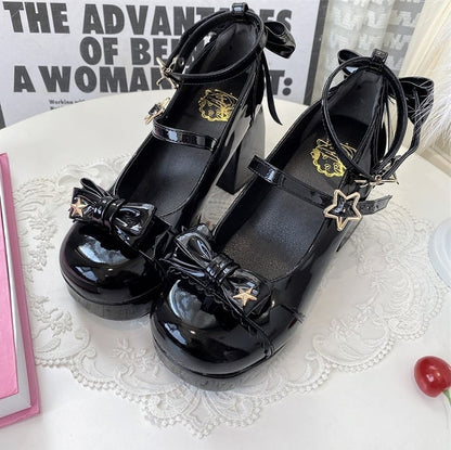 Bow Elegant 8cm Mary Decor Star High-heel Janes Lolita Snap with Black