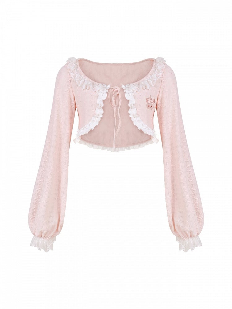 Trim Pink Lace Balloon Cardigan Sleeves Embroidery Cat Long and with
