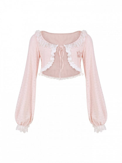 Trim Pink Lace Balloon Cardigan Sleeves Embroidery Cat Long and with