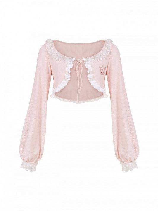 Trim Pink Lace Balloon Cardigan Sleeves Embroidery Cat Long and with