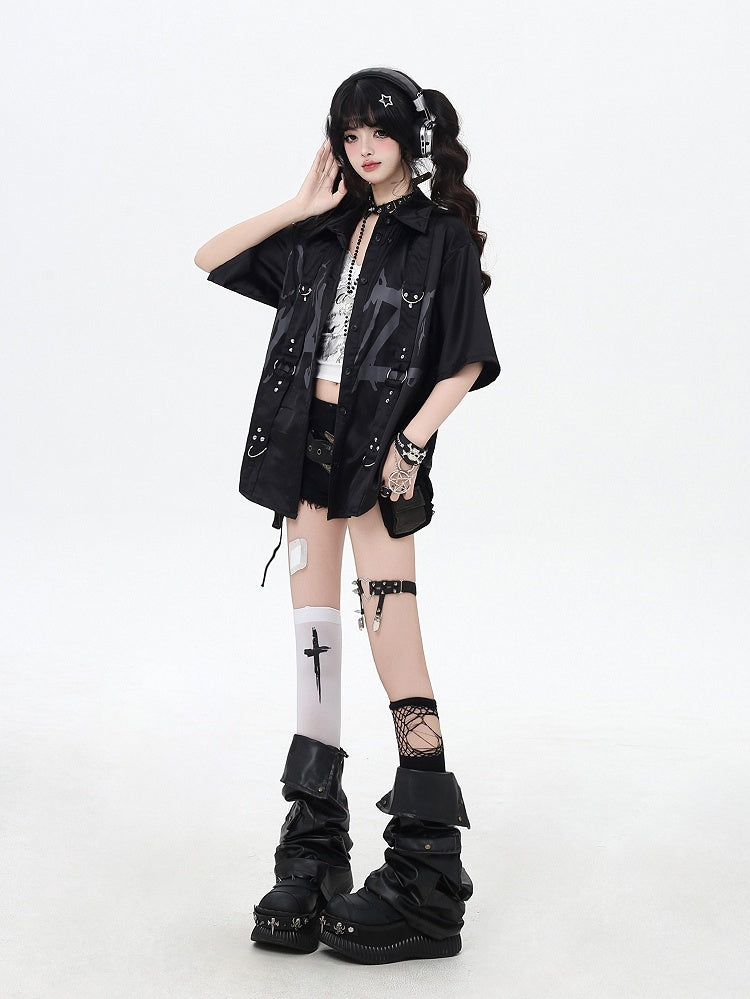 with Shoulder-to-Hem Studded Straps Black Graffiti Gray Shirt Punk Letter