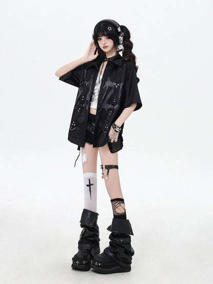 with Shoulder-to-Hem Studded Straps Black Graffiti Gray Shirt Punk Letter