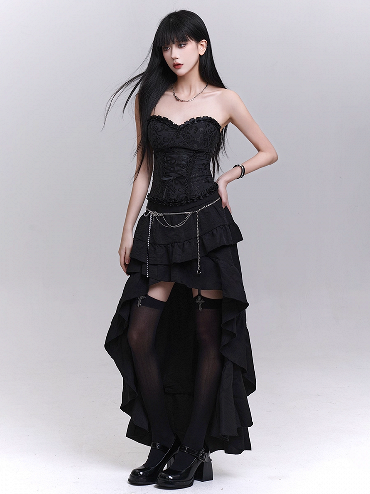 ブラックのカスケーディングフラウンストリムハイロースカート