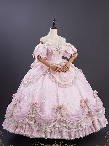 Bow Hanayome Pink Long with Layered Details Ruffles Lace Gown and Hime Version Off-Shoulder Lolita