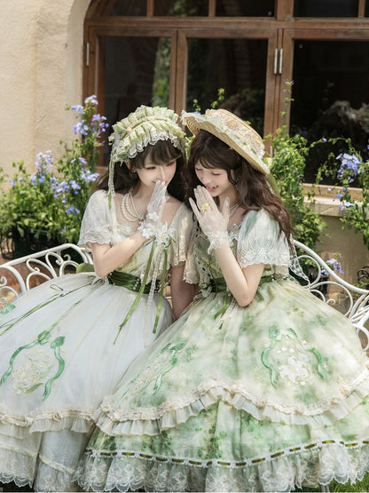 Green Lolita Long Dress Set with Flutter Sleeves & Embroidery - Lunar Radiance