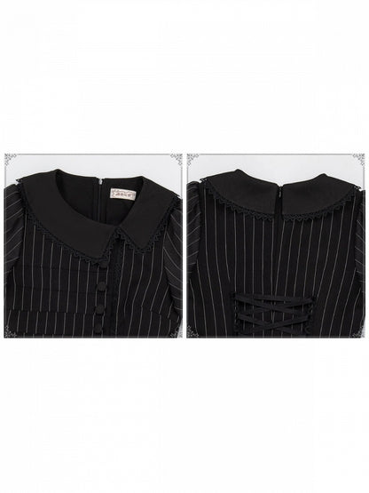 Black Striped Long Sleeve Lolita OP Dress Full Set with Mini Hat & 2-Way Bow Brooch - With PUJI