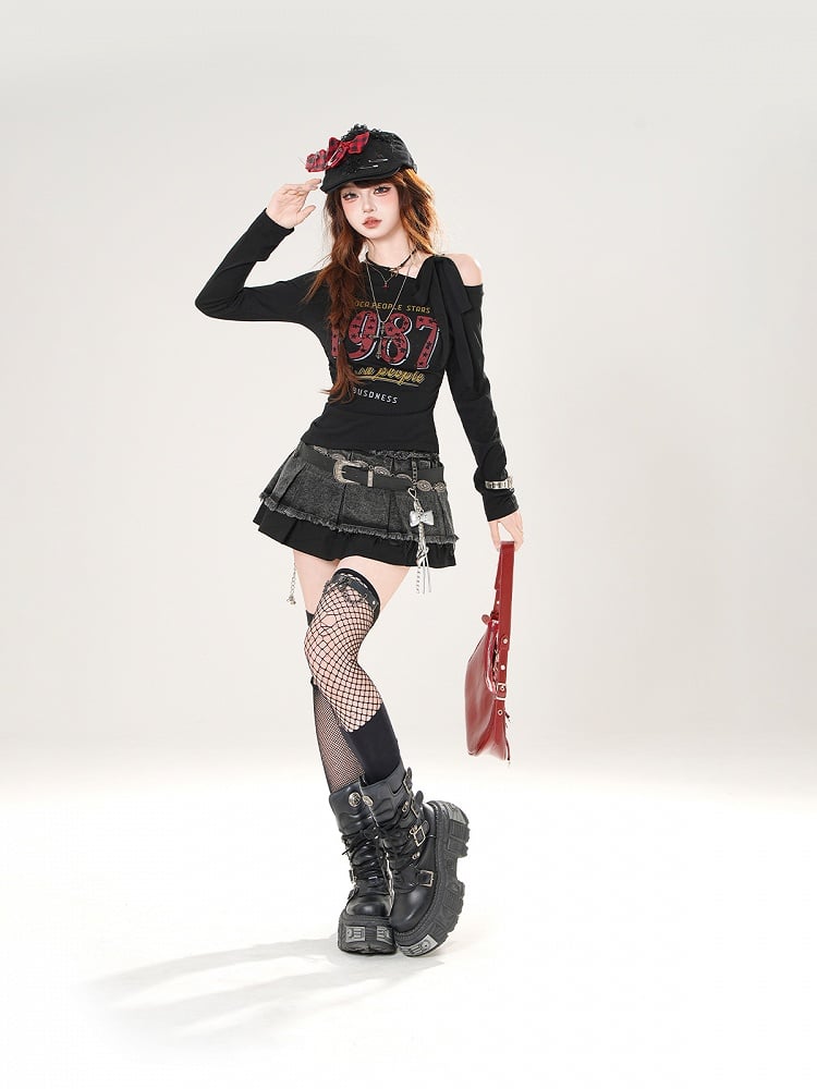 アシンメトリーネックライントップス ヴィンテージナンバープリント ブルー/ホワイト/ブラック