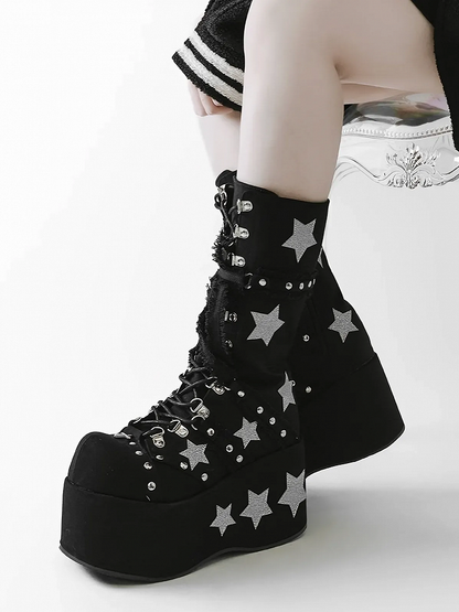 Font Shining Heels Gyaru Chunky Boots Star Plateau Schwarz Schnürung Wadenlang