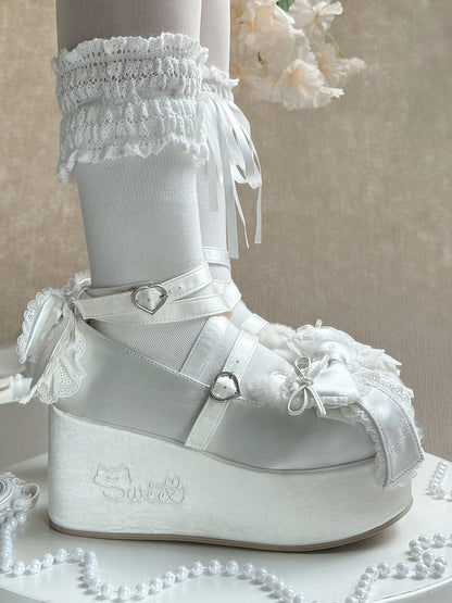 White Ears Janes - Platform Lolita Sweet Mary Satin Bear Plush