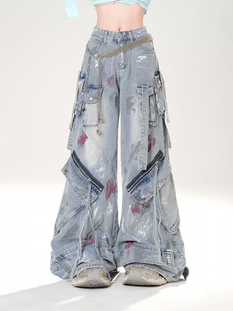 Niedrige Details Distressed Spray Paint Print Blau Weite Jeans Rise Zipper
