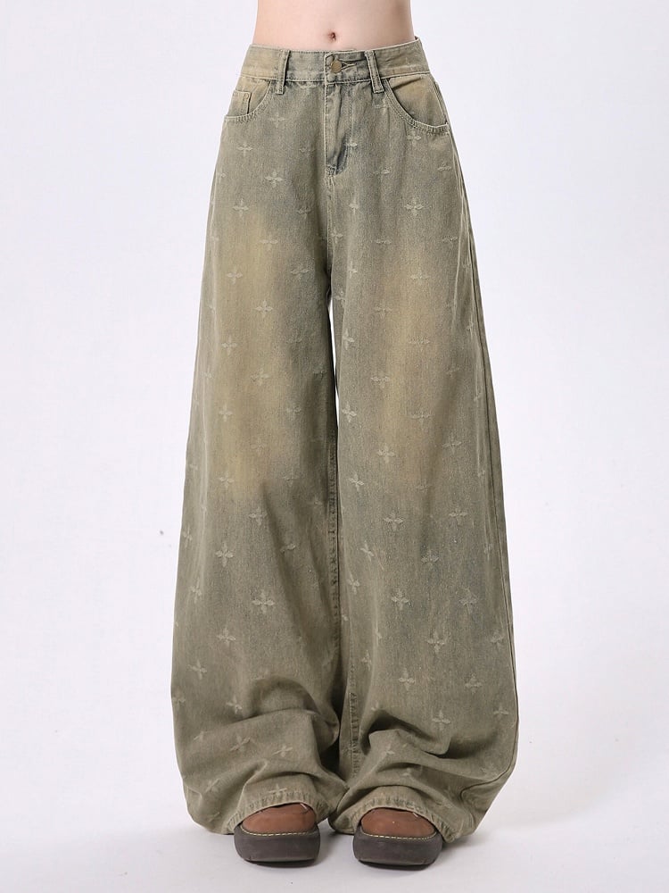 Wide-Leg Faded Blue Detailing Vintage with Patterned Wash Jeans