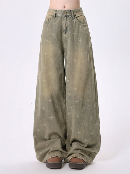 Wide-Leg Faded Blue Detailing Vintage with Patterned Wash Jeans