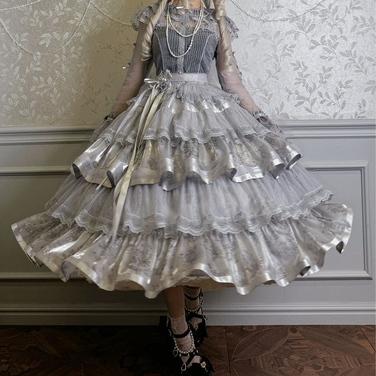 Kitty Print Gray Tiered Skirt Silver and Lolita Bunny