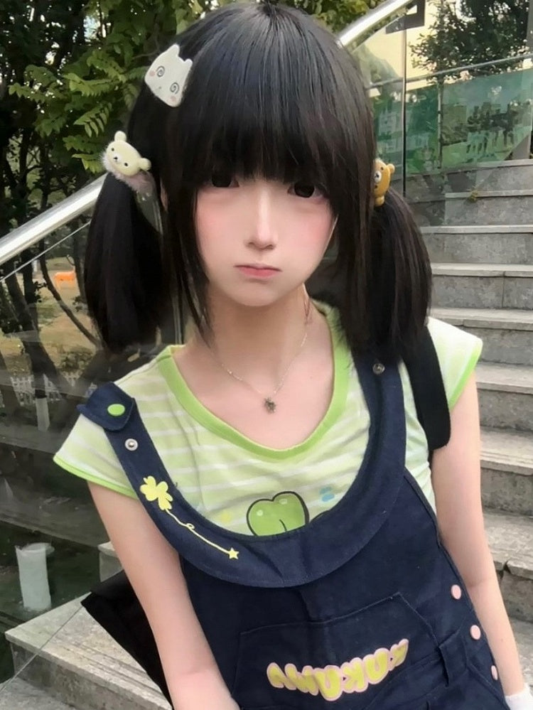 Green Motif Kawaii Pattern Stripe Frog Daily with T-shirt