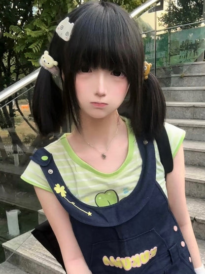 Green Motif Kawaii Pattern Stripe Frog Daily with T-shirt