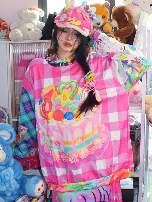Y2K Pattern Plaid Cake Colorful Print Sweatshirt
