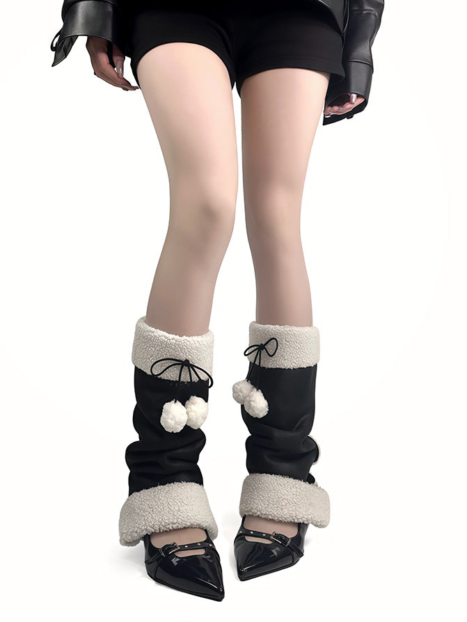 Schwarze Y2K Bowknot Plüsch-Manschetten-Beinwärmer mit Pompons