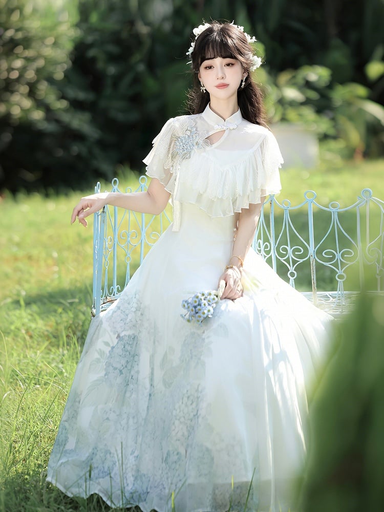 Lace Lolita White with Dress Shawl Classic Hydrangea Print Elegant