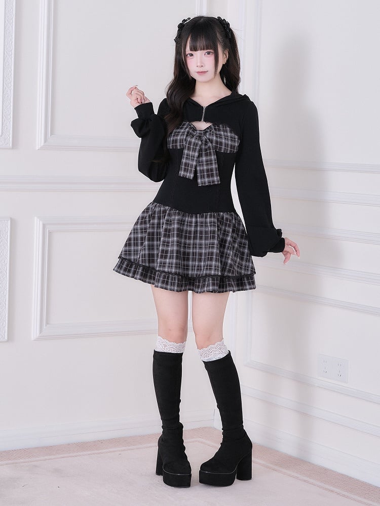 Black Dress Sleeve With Kei Design Plaid Long Jirai Hooded