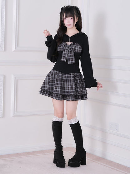 Black Dress Sleeve With Kei Design Plaid Long Jirai Hooded