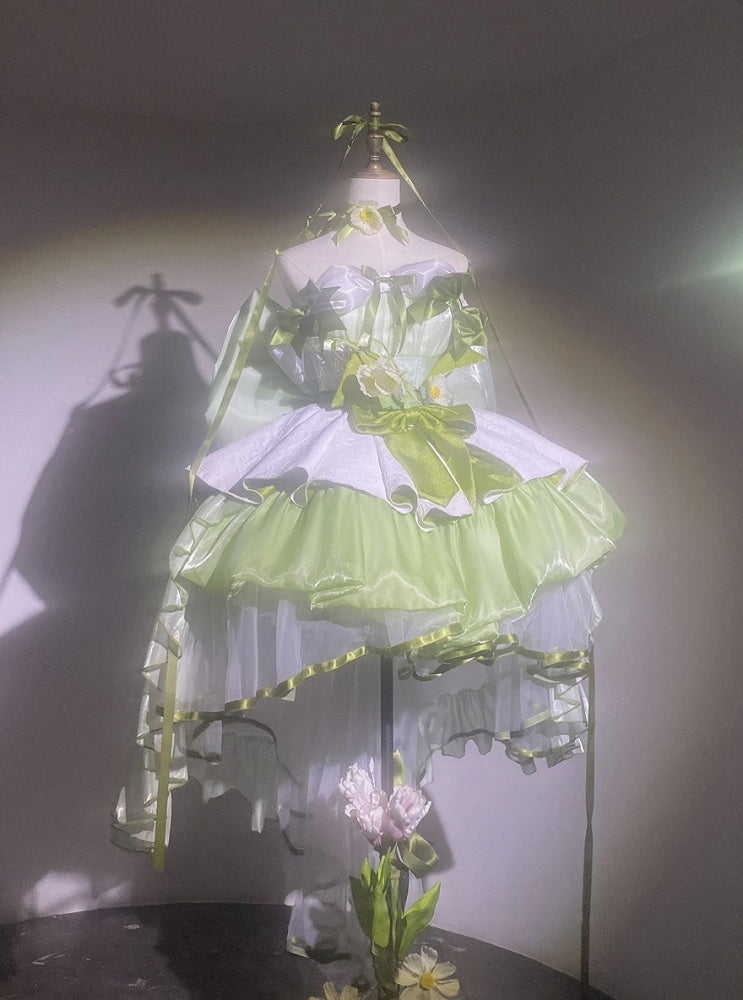 Green Balletcore Puffy Dress with Bow Accents - POSHEPOSE
