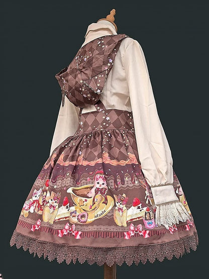 Lolita Cat Hood with Dress Ear Print Sweet Dessert Coffee Pattern Diamond and Overall