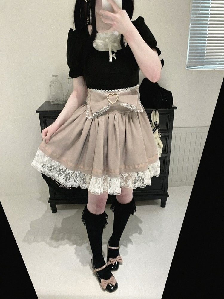 Bow Decorated Skirt with Lace Trim, Jirai Style, 4 Colors - Kitty Bxllet