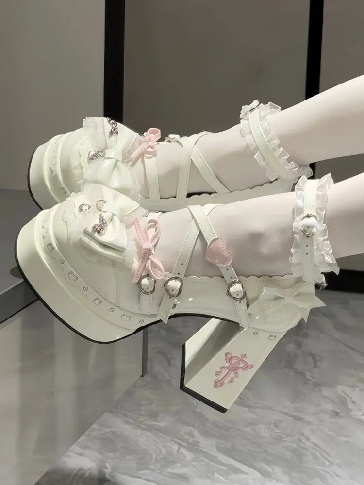 in Heels White Block High Sweet PU Decor Leather Bow -