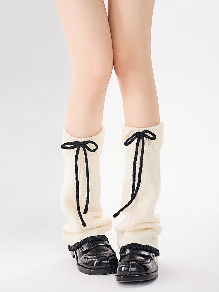 Warmers Detail Leg Bow Fuzzy Knit with 4-Color Contrast Cuff