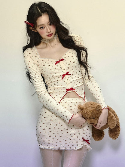 アプリコット花柄ハイウエストミニスカート