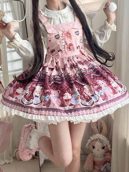 and Sweet Bear Lolita Print + Dress Big Bow Cake Overall Pink Train