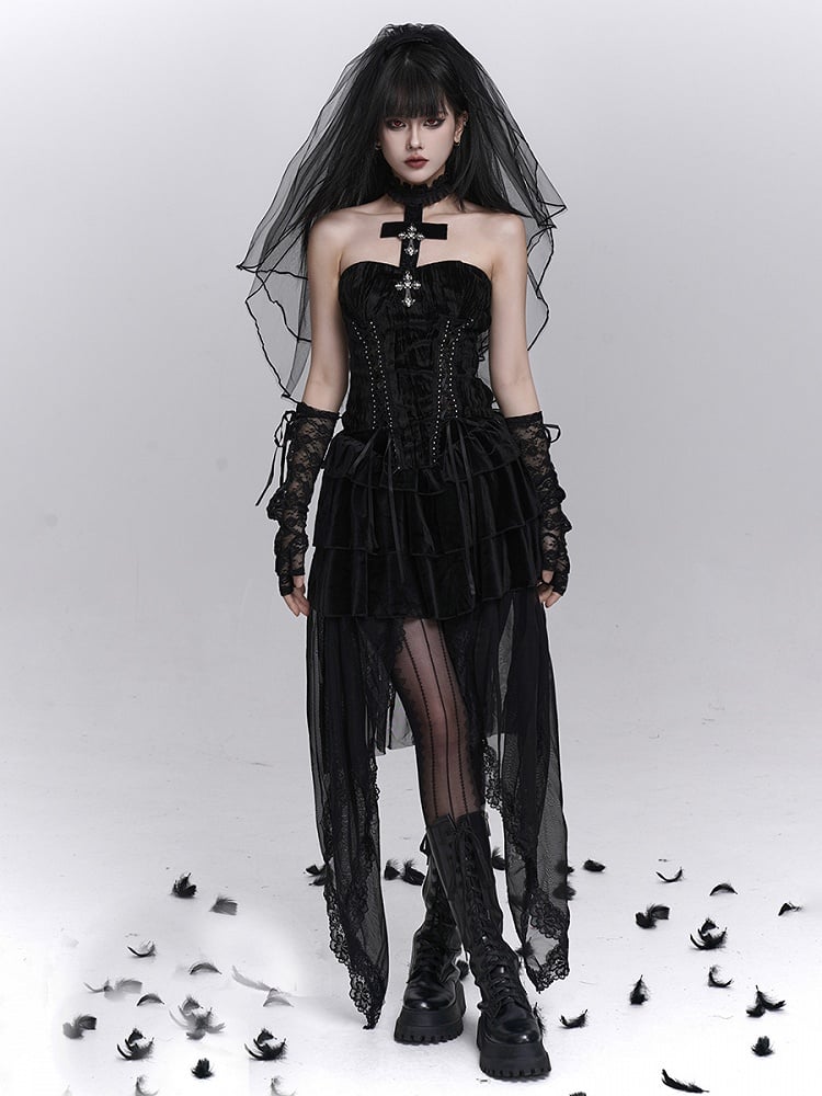 Halter Gothic with Bustier Lacing Neck Halloween Black Crisscross