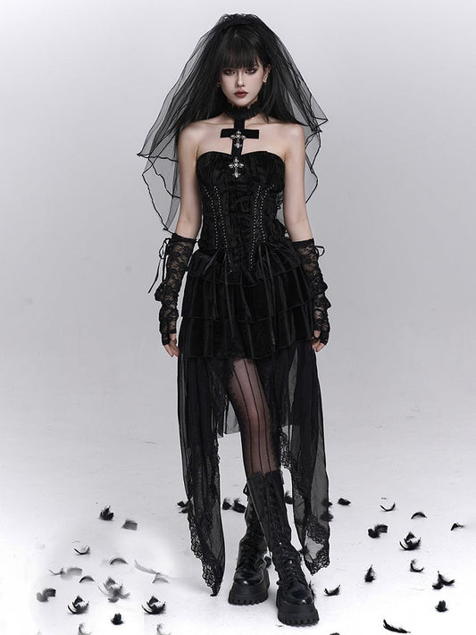 Halter Gothic with Bustier Lacing Neck Halloween Black Crisscross