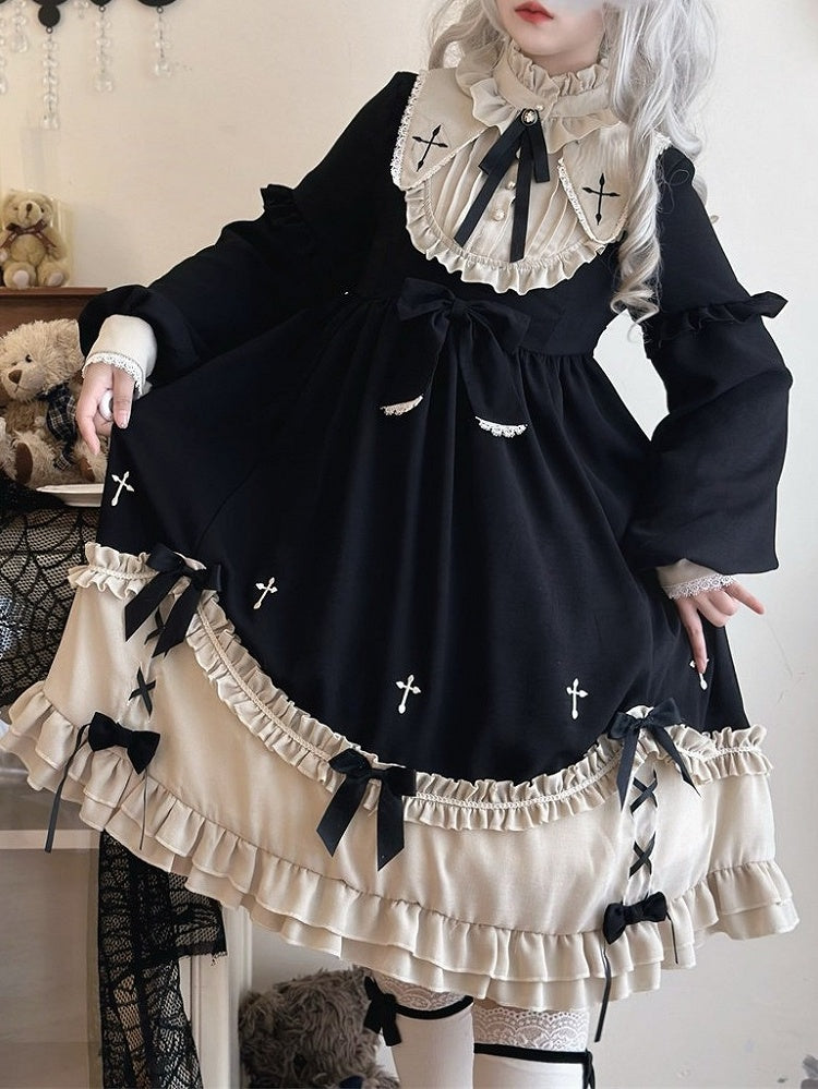 Plus Size Classic Gothic Lolita Long Sleeve Dress with Cross Embroidery & Bowknot Details - Versatile girl