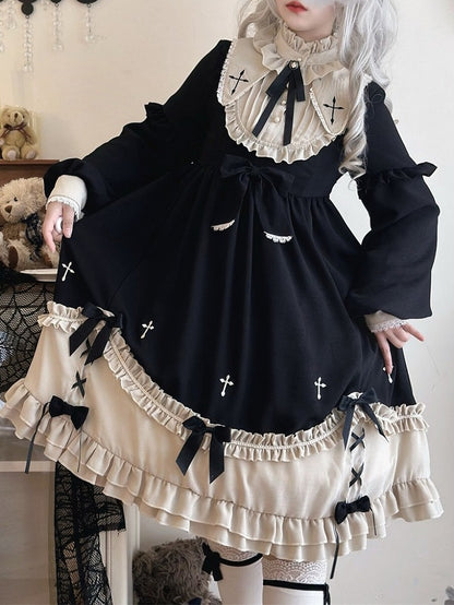 Plus Size Classic Gothic Lolita Long Sleeve Dress with Cross Embroidery & Bowknot Details - Versatile girl