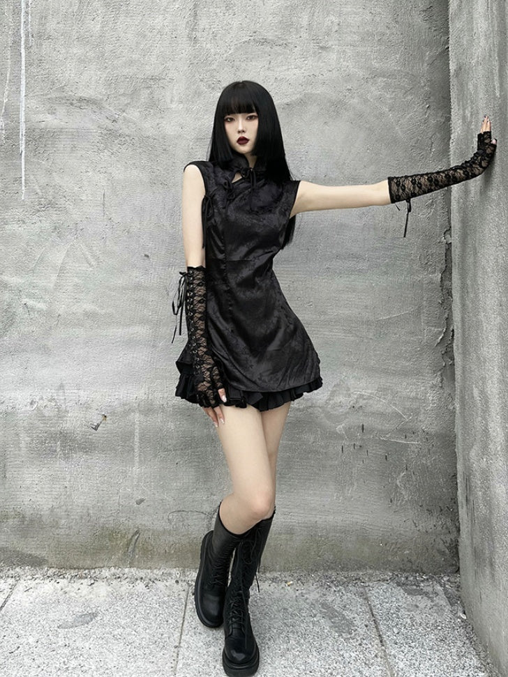 Gothic schwarze fingerlose Handschuhe mit Schnürdetail